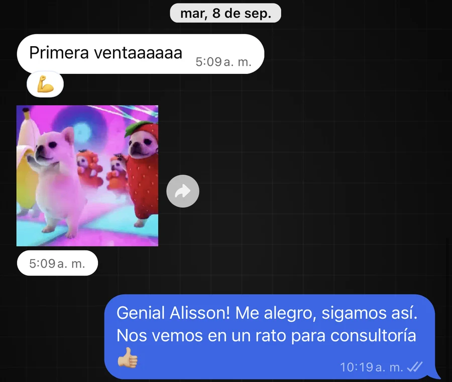 Alisson cuenta su primera venta durante la consultoría